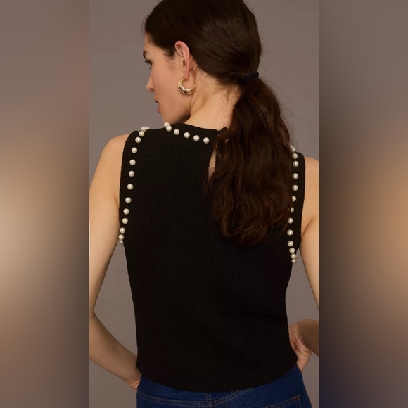 ANTHROPOLOGIE Pearl Lined‎ Thick Knit Preppy Holiday Cropped Tank Top Size S - Picture 2 of 6
